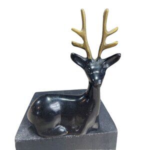 Vintage Brass Sitting Black / Gold Deer Figurine 4' H. Made In Korea MCM